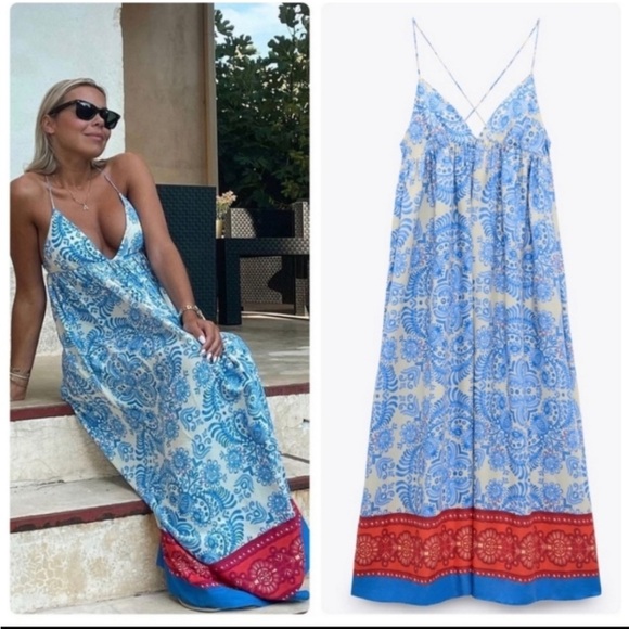 Zara * Linen Blend Printed Maxi Midi Dress Blue Boho Flowy - Picture 1 of 13